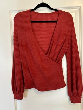 SHEIN Brick Red Waffle Surplice Long-Sleeve Top